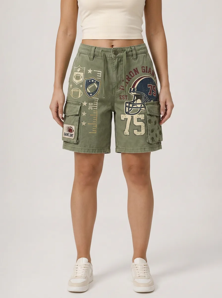 Women's Football Fan Helmet Number 75 Printed Cargo Shorts