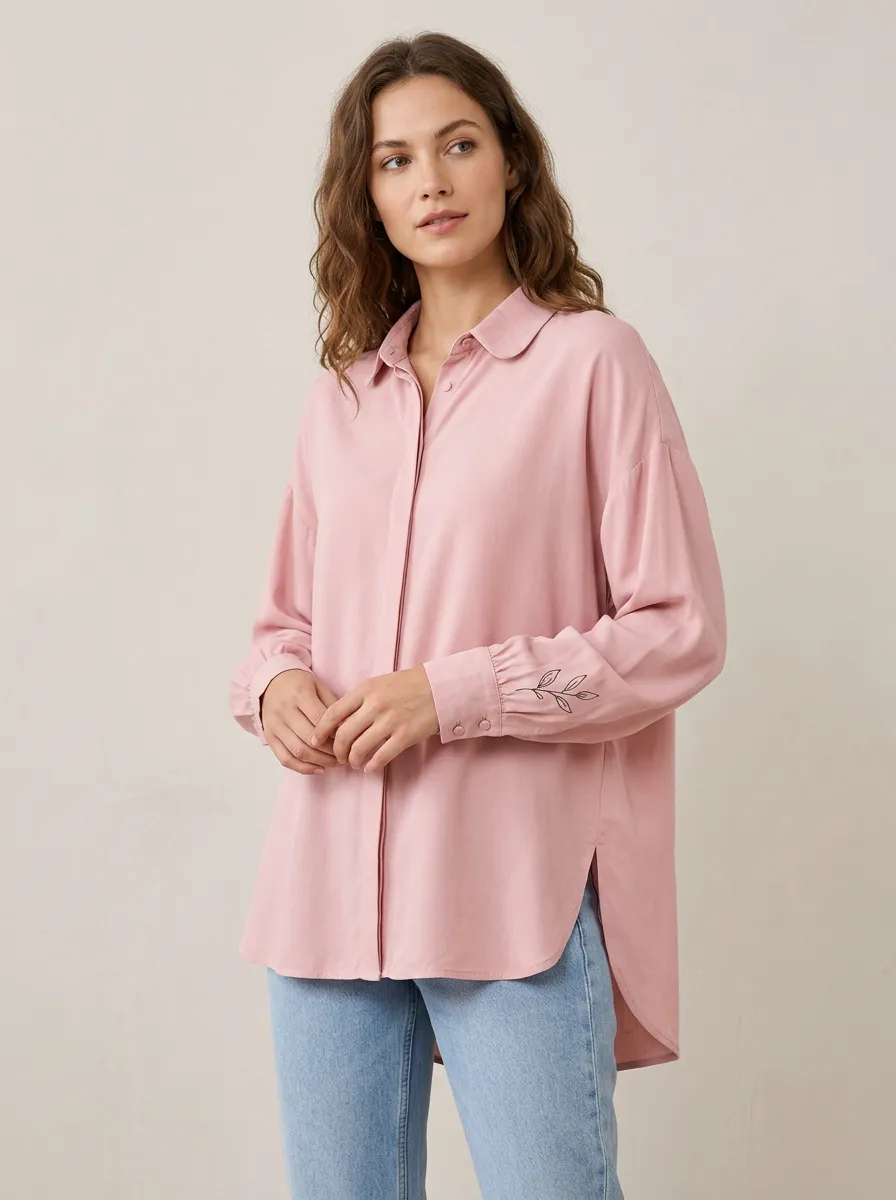 Women's Minimalist Botanical Leaf Printed Pink Button-Up Shirt