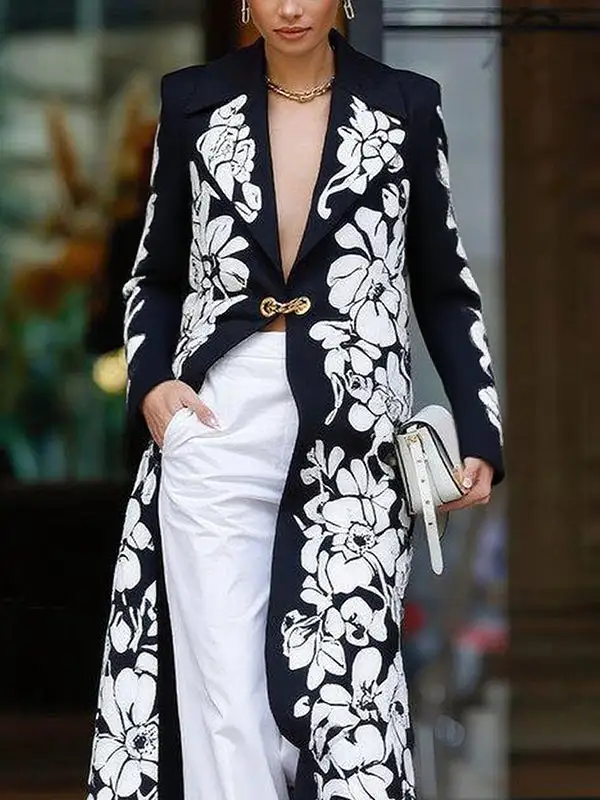 Long Sleeve Relaxed Floral Print Notched Collar Blazer