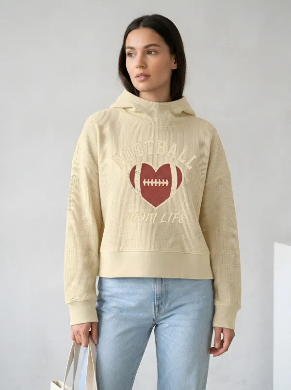 Women's Football Mom Heart Graphic Printed Waffle Hoodie