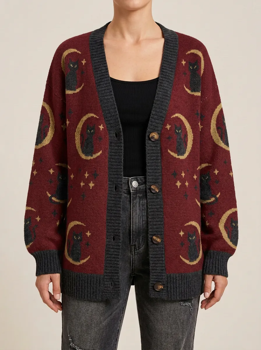 Women's Cat Moon Stars Halloween Knit Cardigan