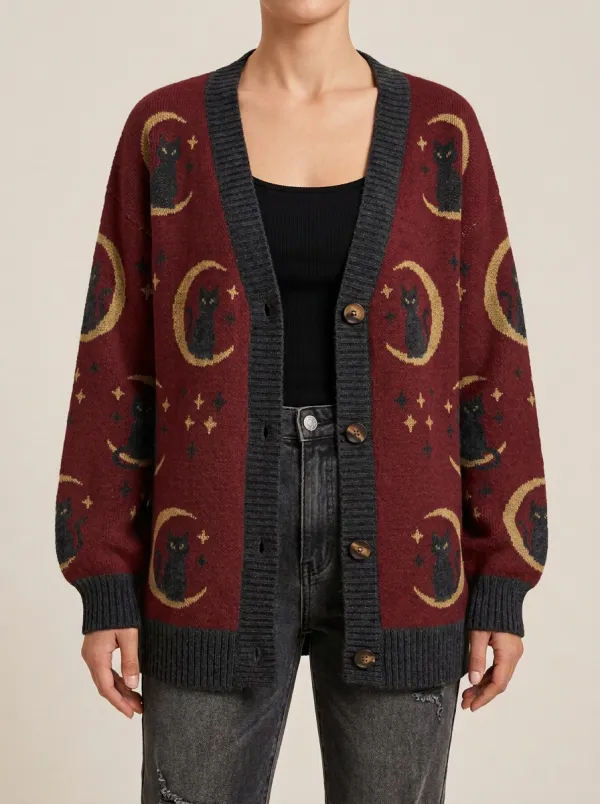 Women's Cat Moon Stars Halloween Knit Cardigan