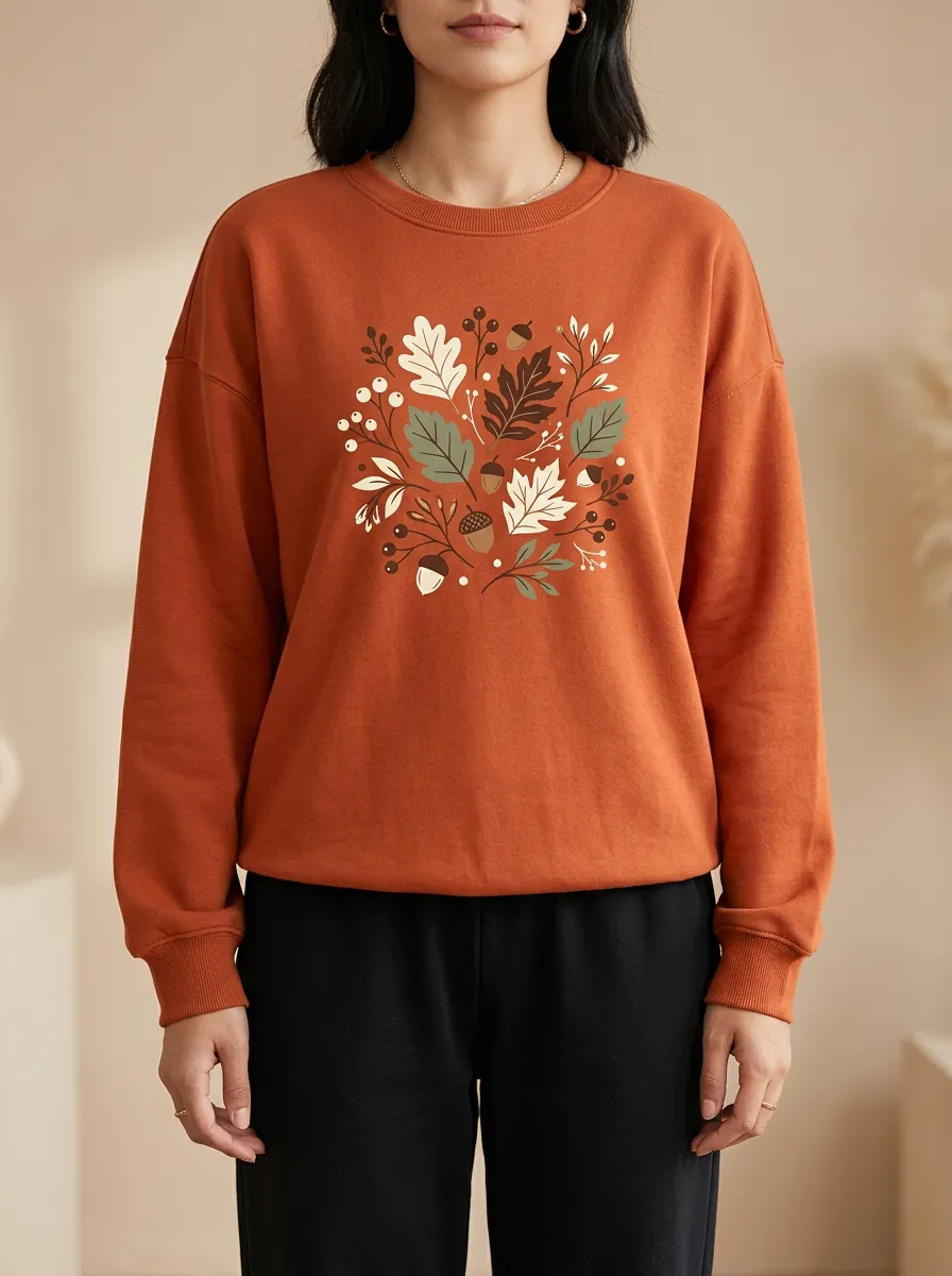 Relaxed Printed Acorn Leaf-Motif Graphic Sweatshirt