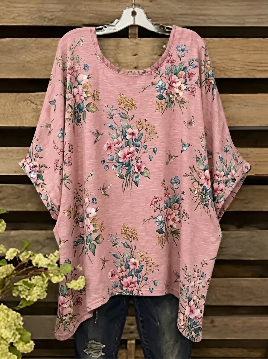 Hummingbird Floral Oversized Women's Loose Printed T-Shirt