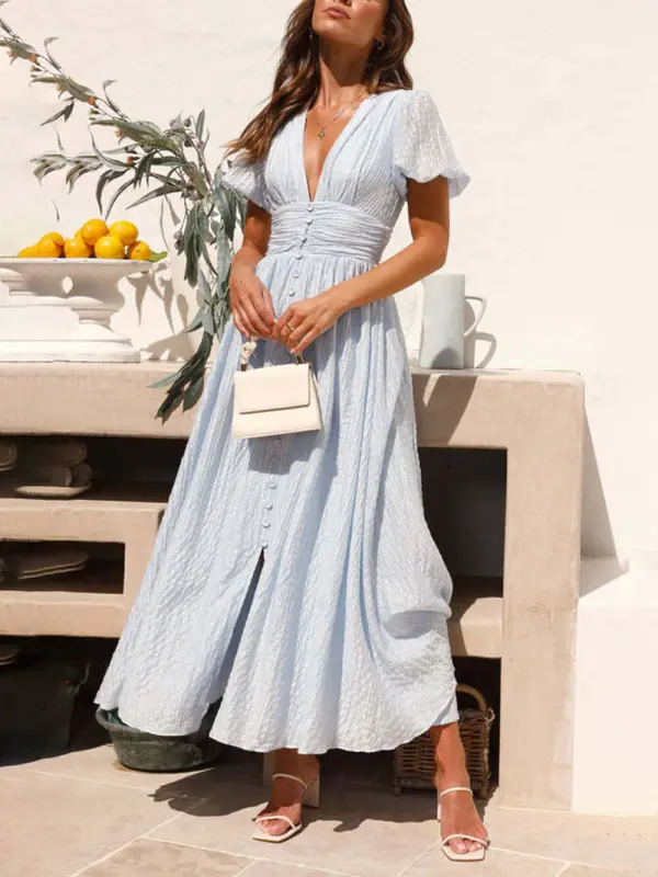 Puff Sleeve V Neck Long Oversized Midi Dress