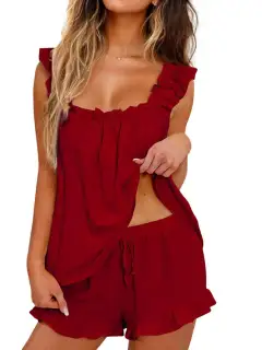 Refined Drawstring Ruffled Top and Shorts Matching Set