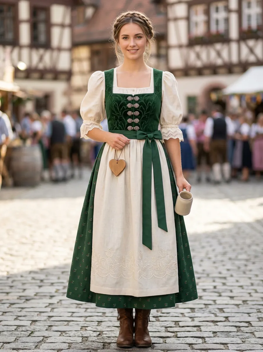 Velvet Bodice Square Neck Traditional Women's Bavarian Oktoberfest Dirndl Dress