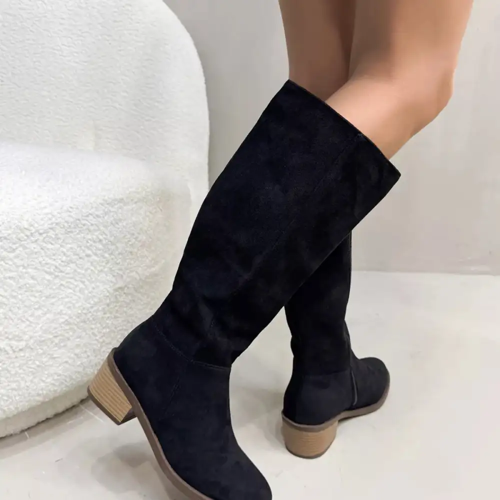 Pleated Round Toe Block Heels Boots