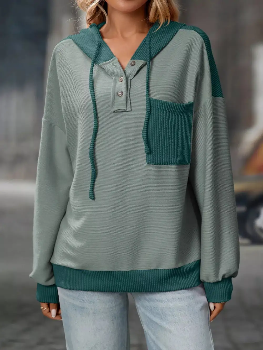 Refined Drawstring Buttoned Pocketed Colorblock Hoodie