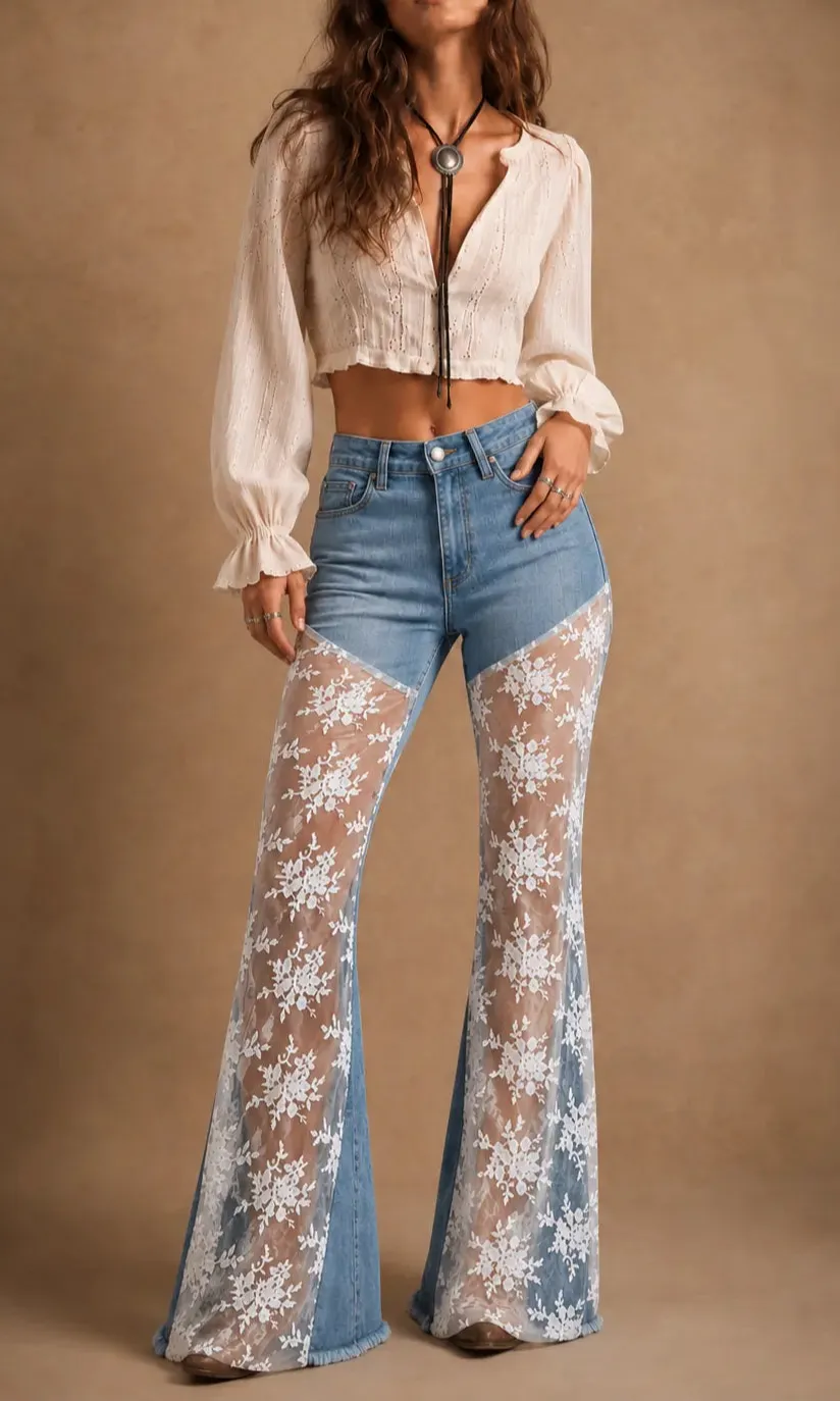Lace Detail Bell Bottom Western Style Everyday Denim Jeans