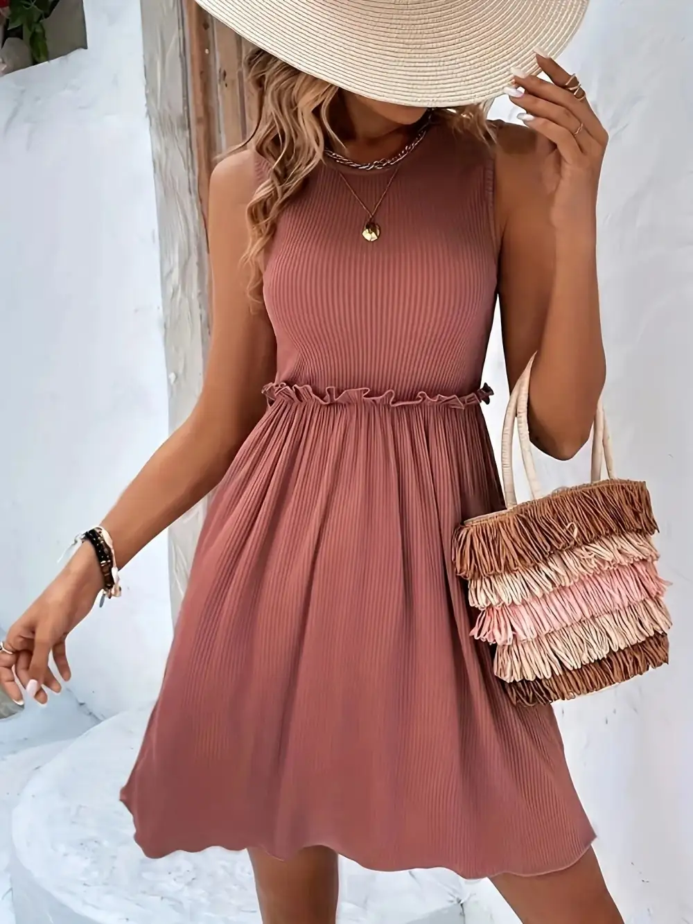 Ribbed Ruffle Sleeveless Mini Dress