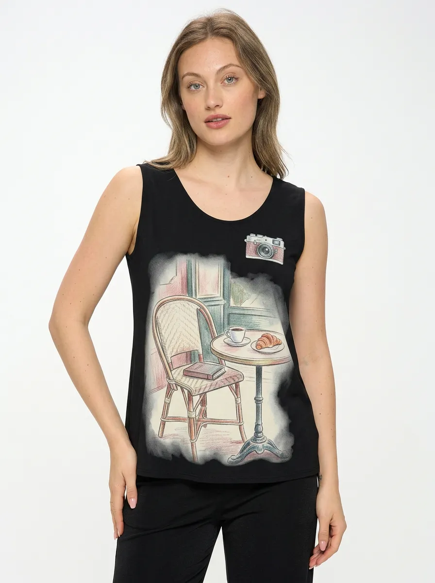 Women's Paris Cafe Lover Camera Croissant Printed Tank Top