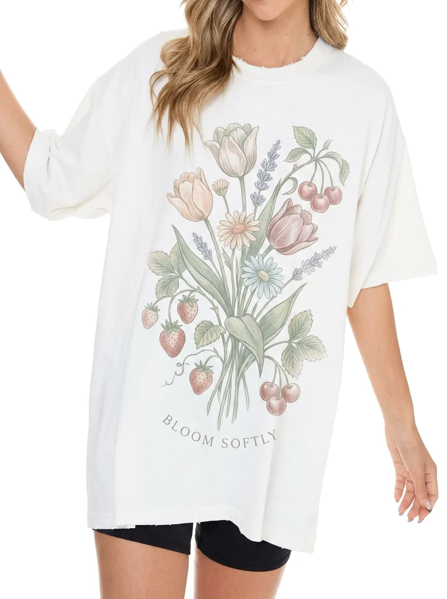 Women's Floral Strawberry Cherry Bloom Softly Printed T-shirt