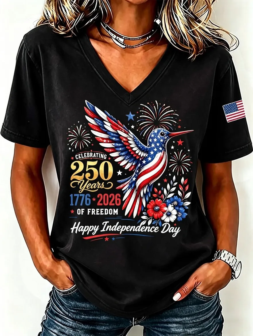 Women'S American Flag Hummingbird Printed Casual V-Neck T-Shirt