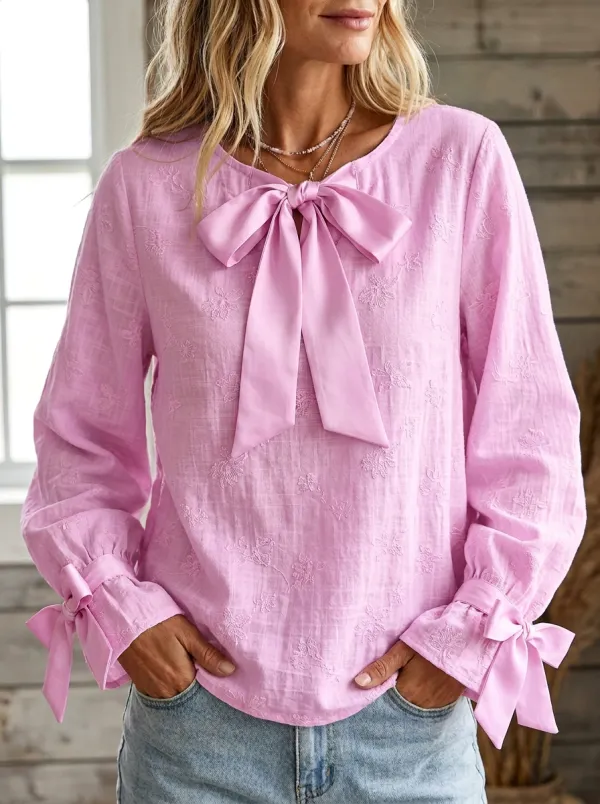 Women's Round Neck Bow-detail Long Sleeve Blouse