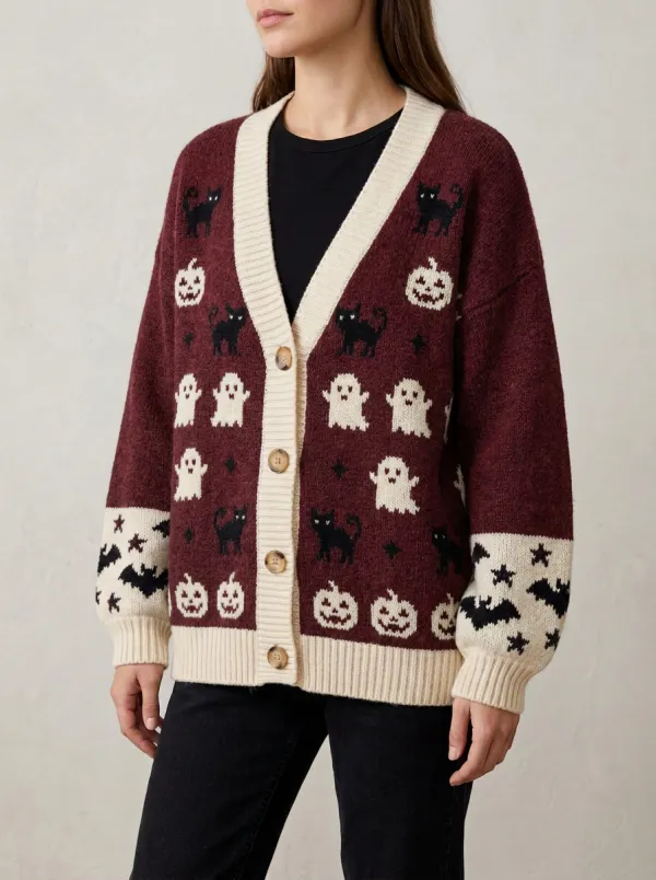 Women's Halloween Ghost Pumpkin Cat Bat Pattern Knitted Cardigan