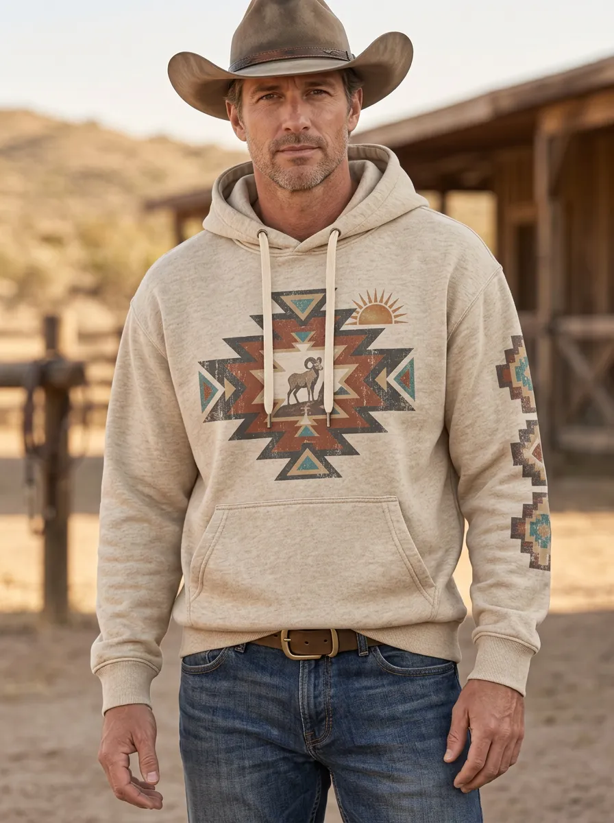 Men's Western Cowboy Sun Geometric Graphic Hoodie