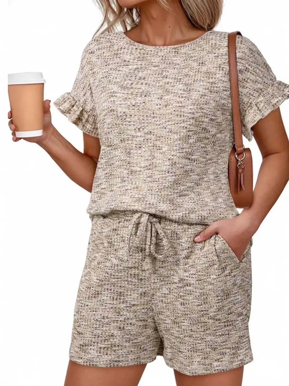Ruffle Sleeve Textured Top Shorts Set