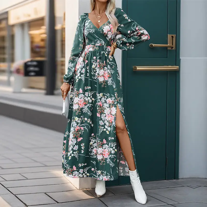 Women's V-Neck Floral Ruffled Bridal Maxi Dress