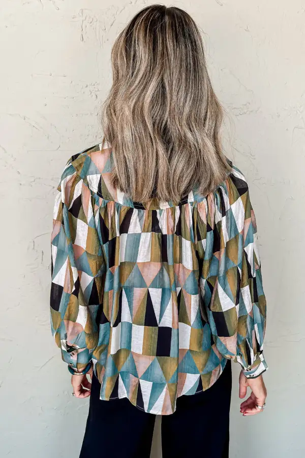 Geometric Print Plaid Relaxed Fit Shirt Blouse