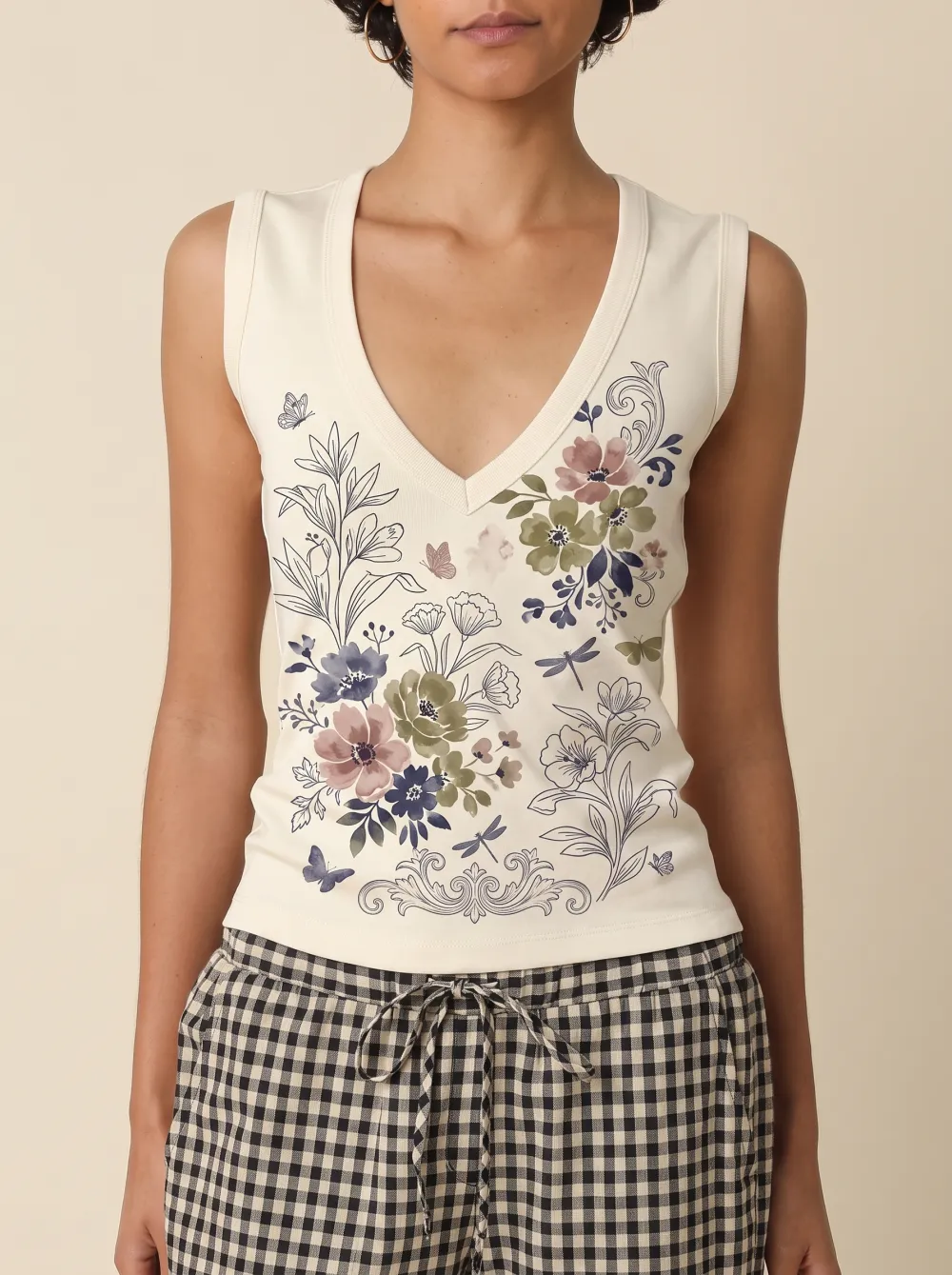 Women's Botanical Floral Butterfly Printed V-Neck Tank Top