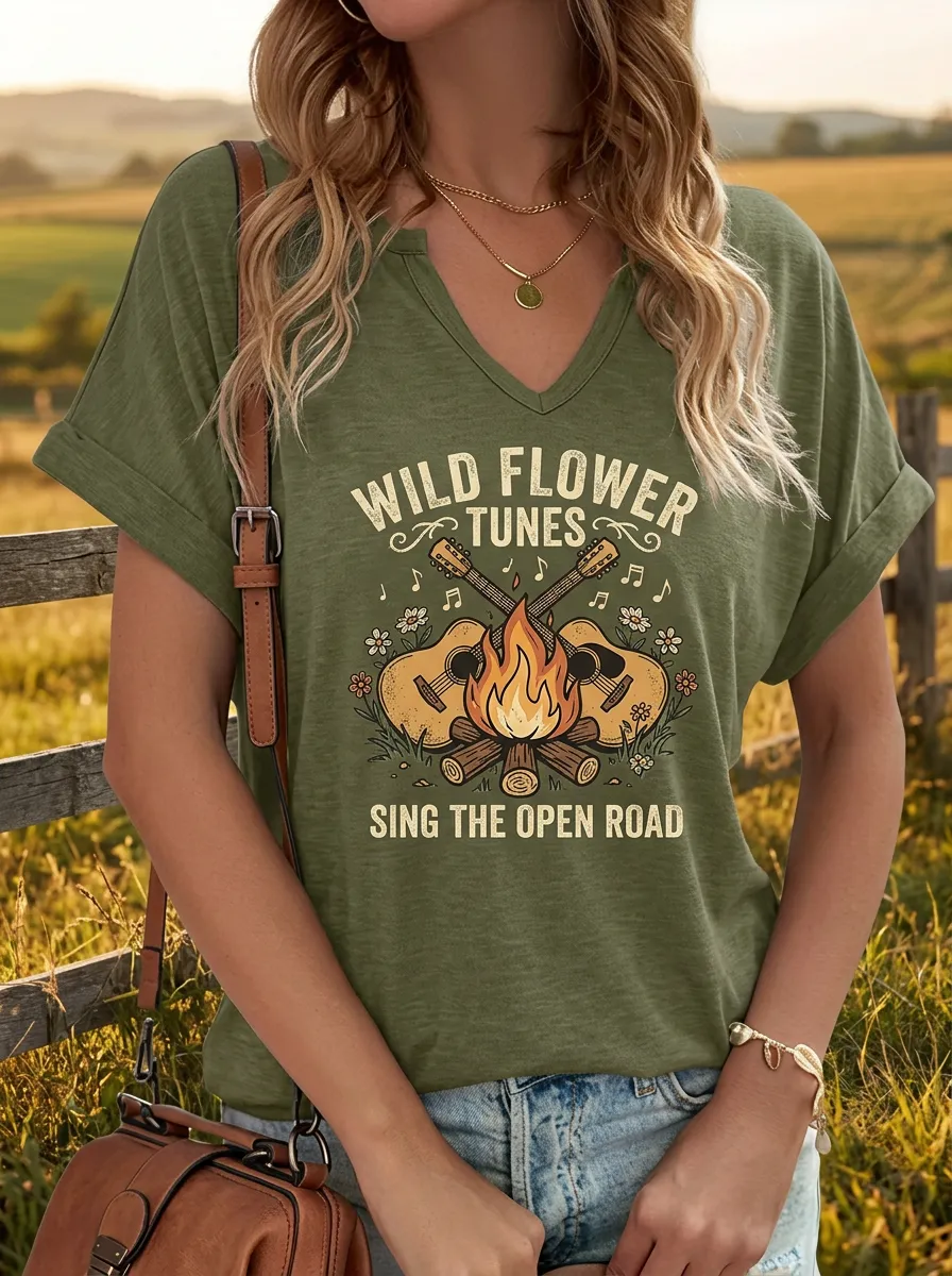 Rustic Country Music Guitar Campfire V-Neck T-Shirt