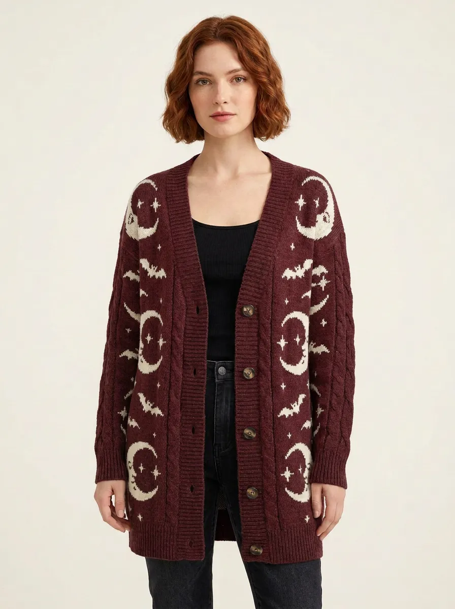 Women's Halloween Gothic Moon Bat Pattern Knitted Cardigan