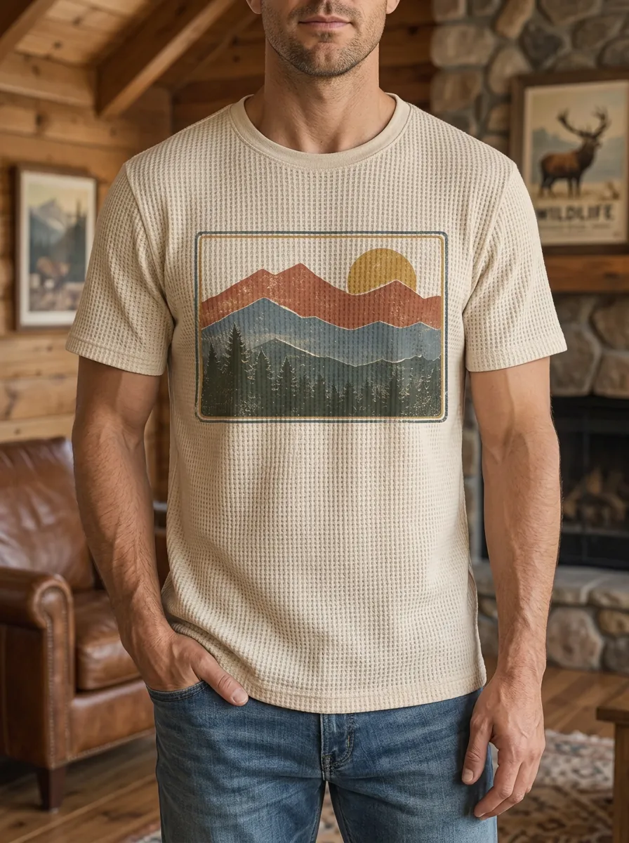 Men's Retro Mountain Forest Sunset Waffle Modern Crew Neck T-Shirt