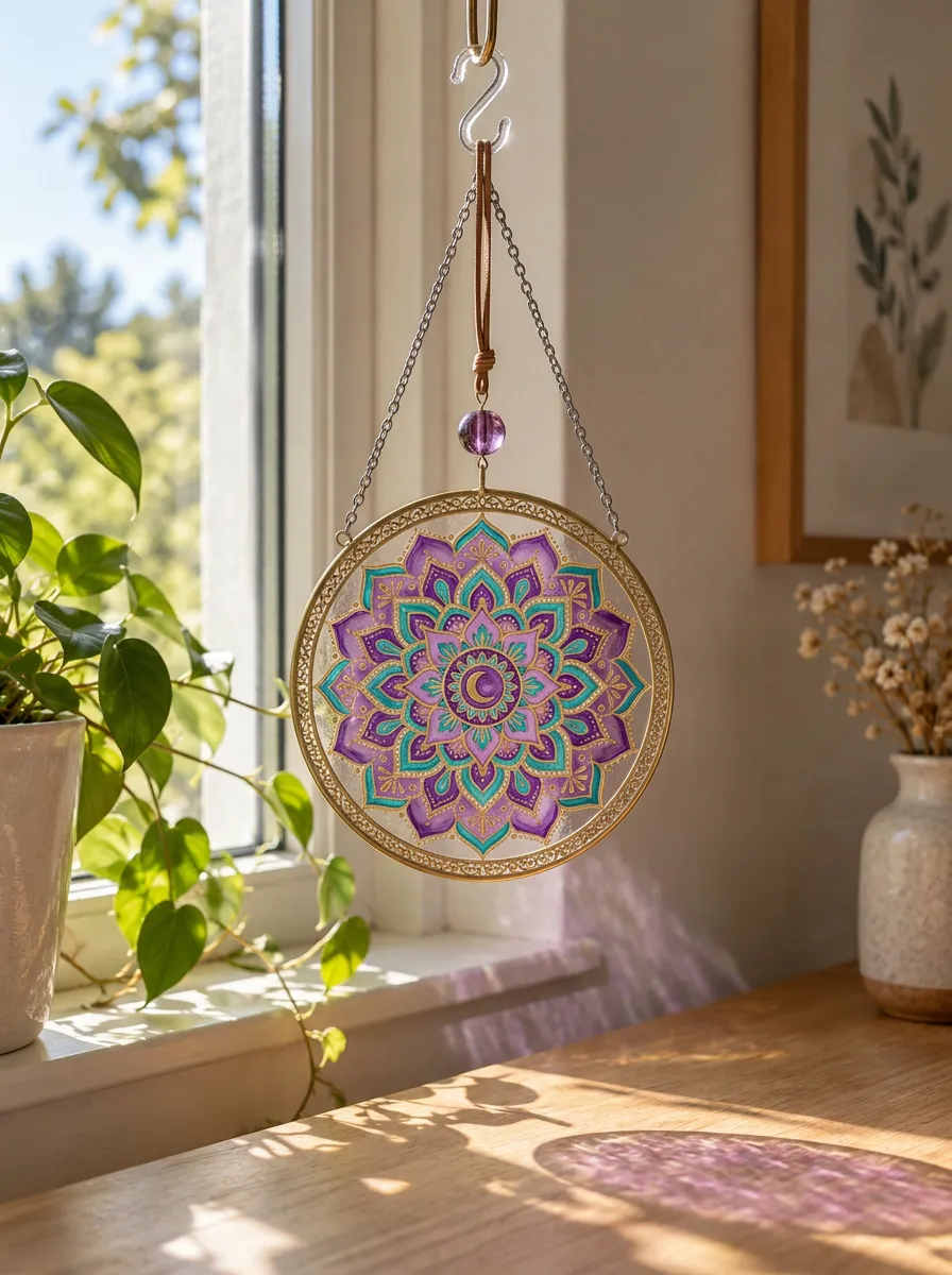 Boho Purple Teal Mandala Printed Suncatcher