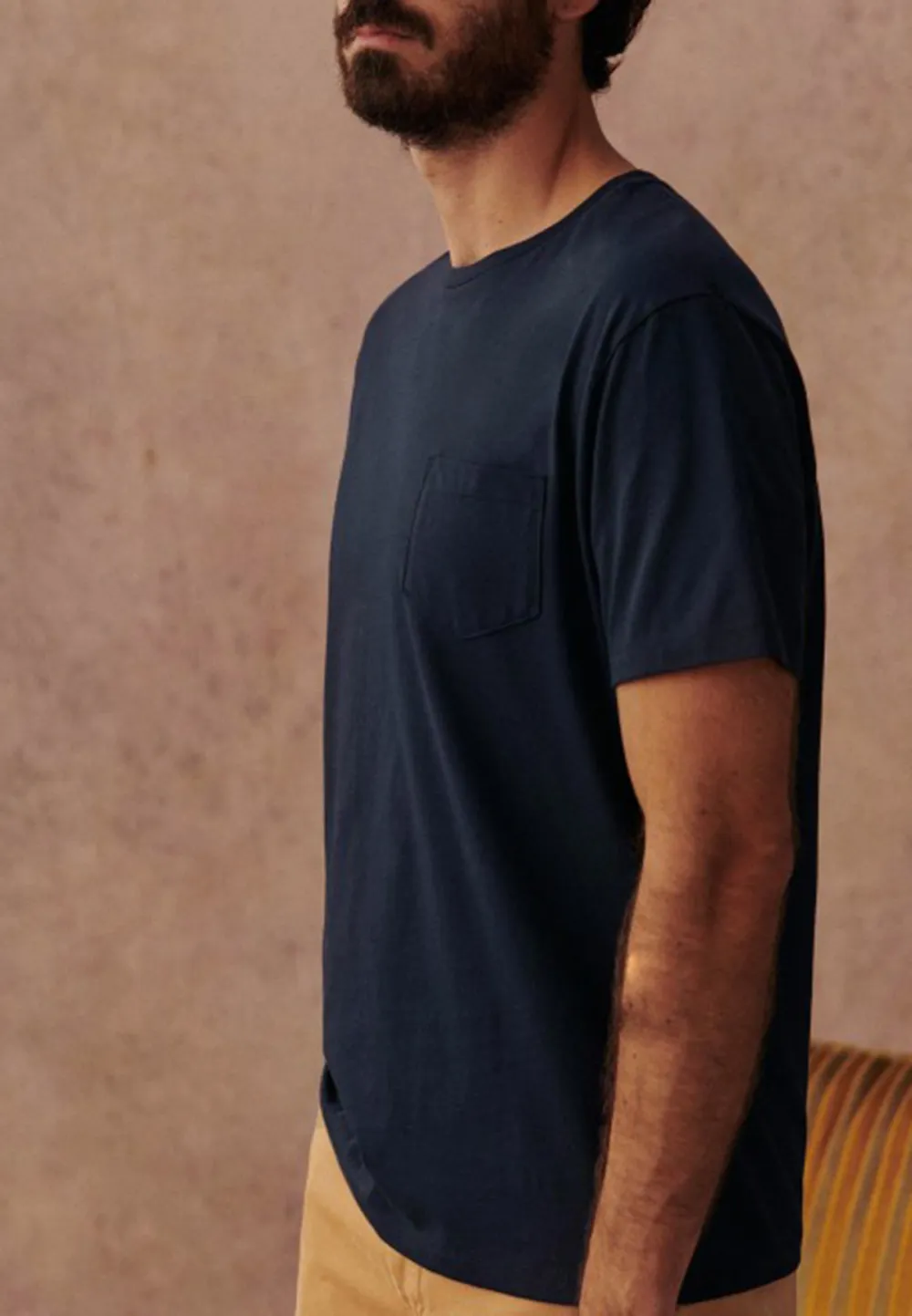 Navy Blue Pocket Crew Neck Cotton T-Shirt