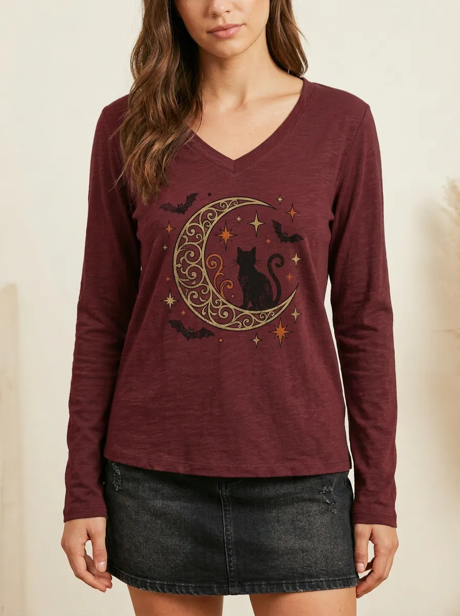 Women's Halloween Black Cat Crescent Moon Bats Printed V-neck Long Sleeve T-shirt