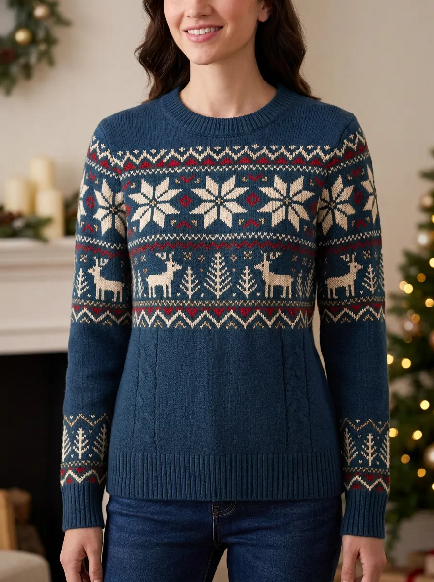 Christmas Reindeer Snowflake Pattern Knitted Sweater