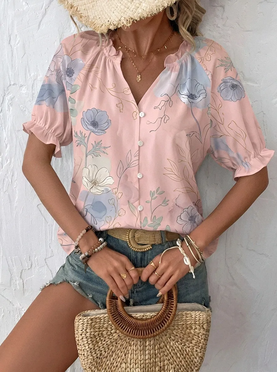 Women's Boho Floral Watercolor Printed Button Down Blouse
