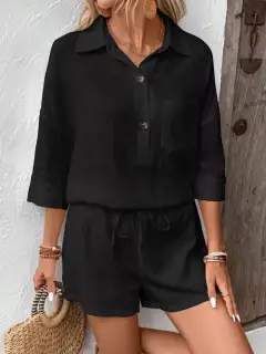 Button-Detail Pocketed Cotton Top and Shorts Matching Set