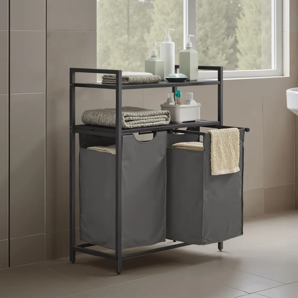 Double Compartment Removable Liner Shelved Laundry Sorting Hamper