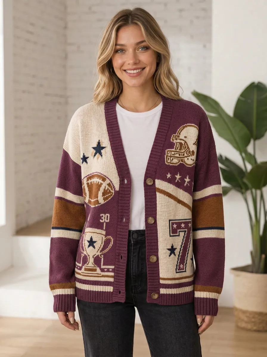 Women's Gridiron Helmet Trophy Number Knit Cardigan