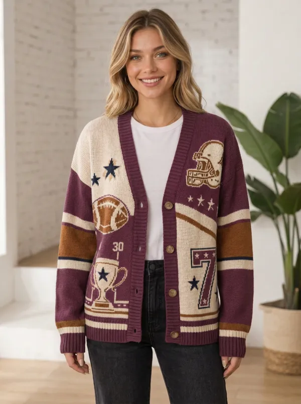 Women's Gridiron Helmet Trophy Number Knit Cardigan