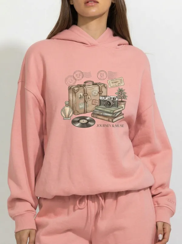 Women's Travel Lover Vintage Suitcase Camera Printed Hoodie
