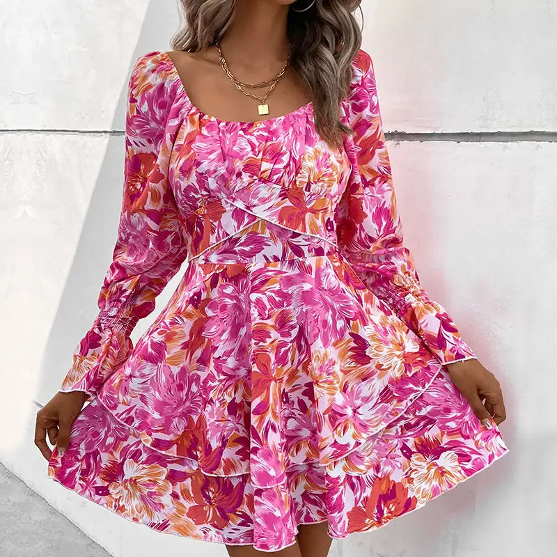 Women's Fitted V-Neck Floral Ruffled Dress