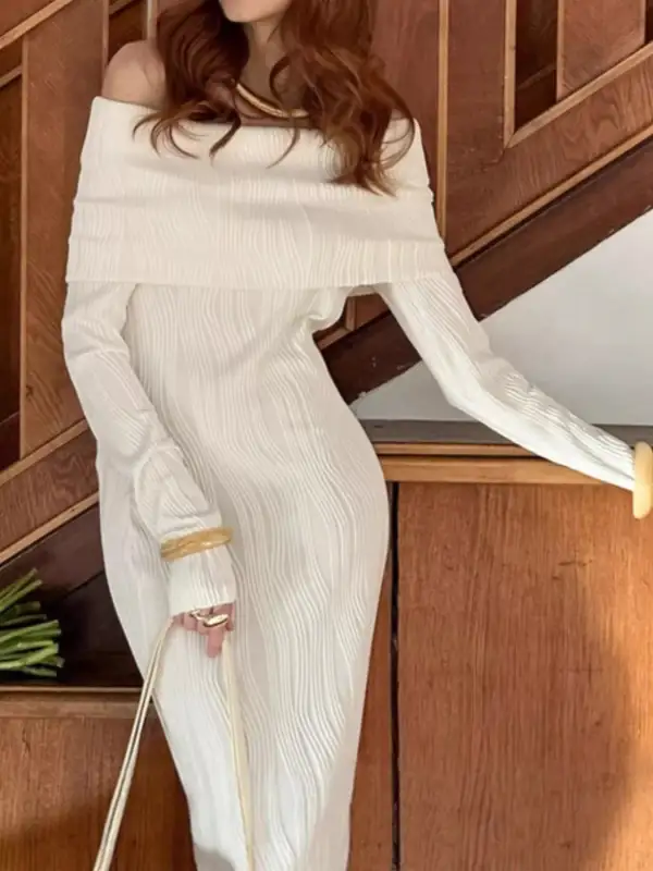 Off Shoulder Textured Knit Maxi Dress