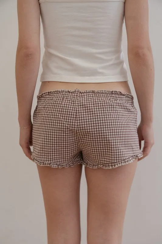 Burgundy and White Checkered Button Front Shorts