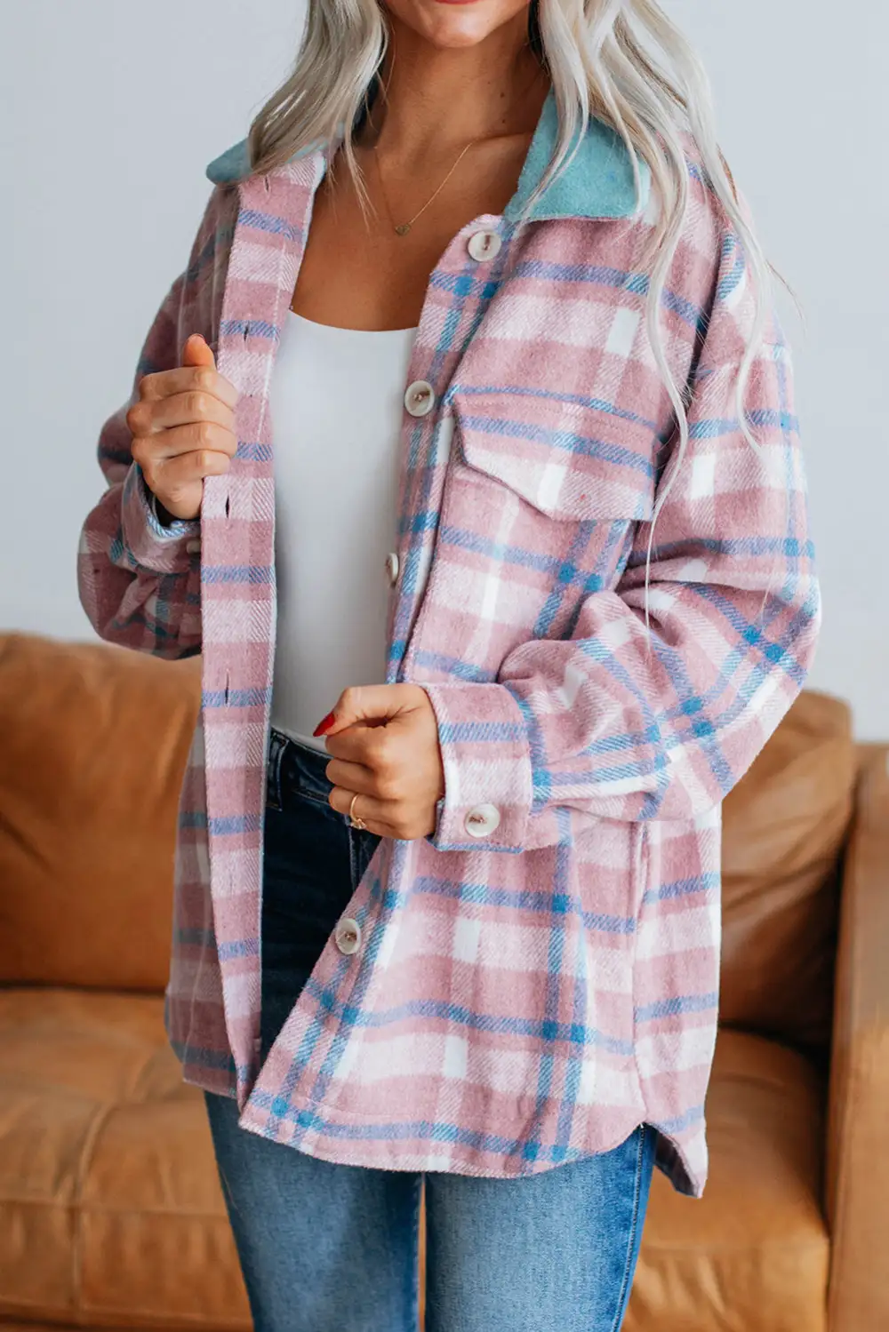 Collared Plaid Colorblock Relaxed Cardigan