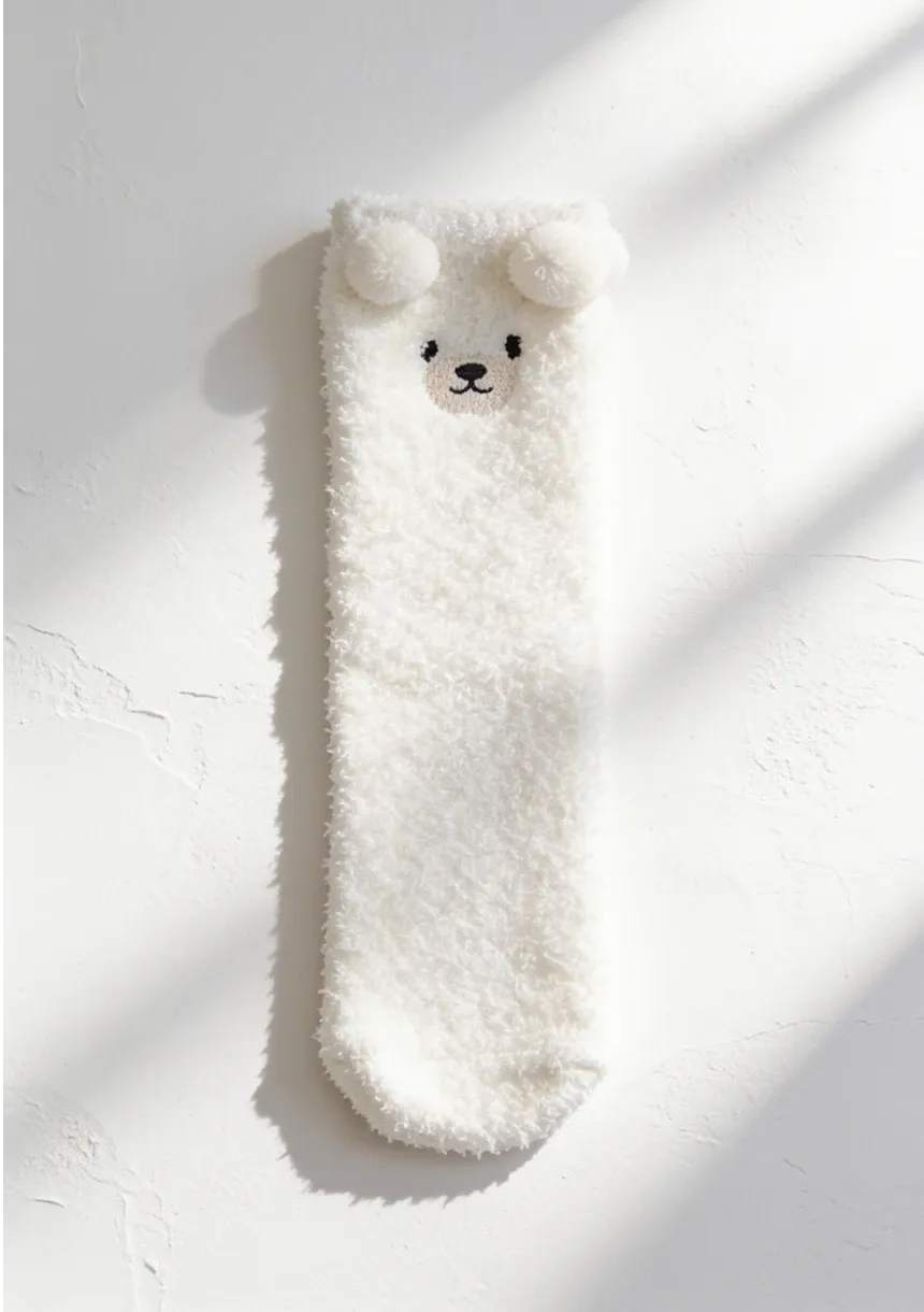 Plush Bear Motif Knee High Socks