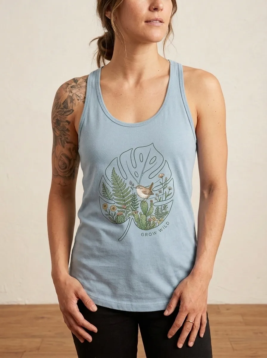 Women's Nature Lover Monstera Bird Floral Printed Tank Top