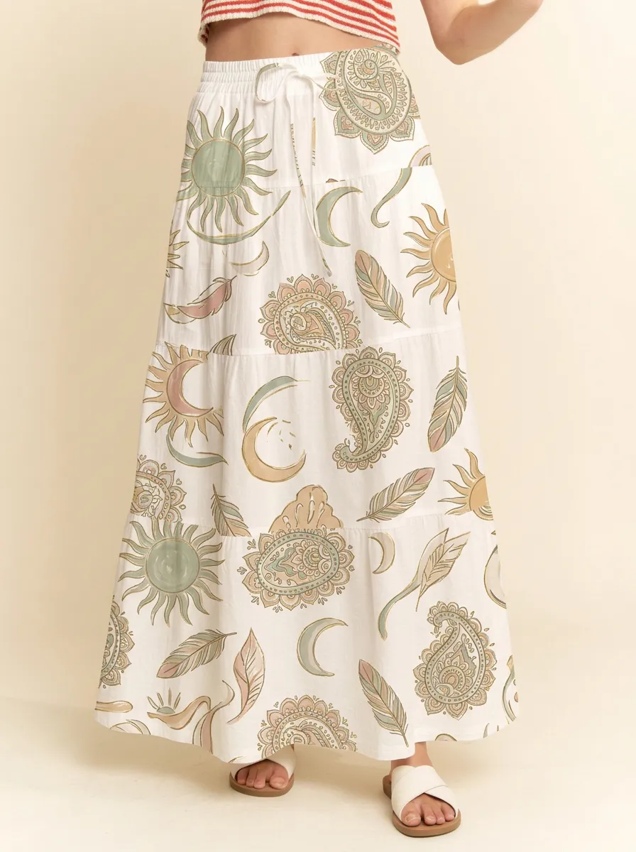 Women's Boho Celestial Sun Moon Feather Paisley Printed Maxi Skirt