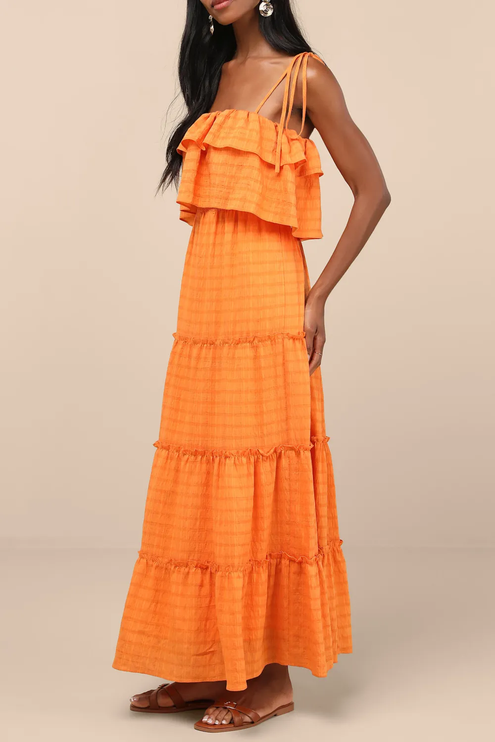 Casual Style  Ivory Textured Tie-Strap Tiered Maxi Dress