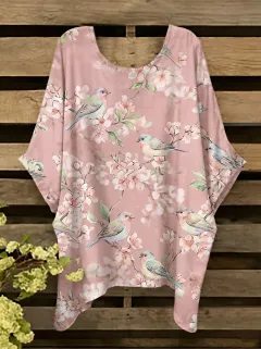 Cherry Blossom Bird Women's Loose Printed T-Shirt