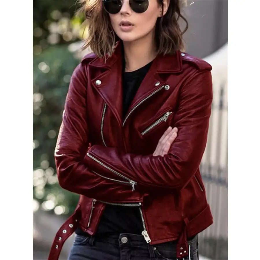 Full Size Zip Up Leather Motorcycle Biker Jacket Plus Size