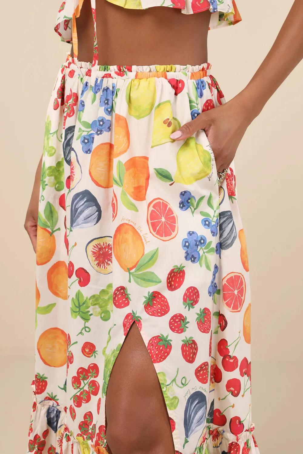 Casual Style White Multi Fruit Print Tiered Midi Skirt