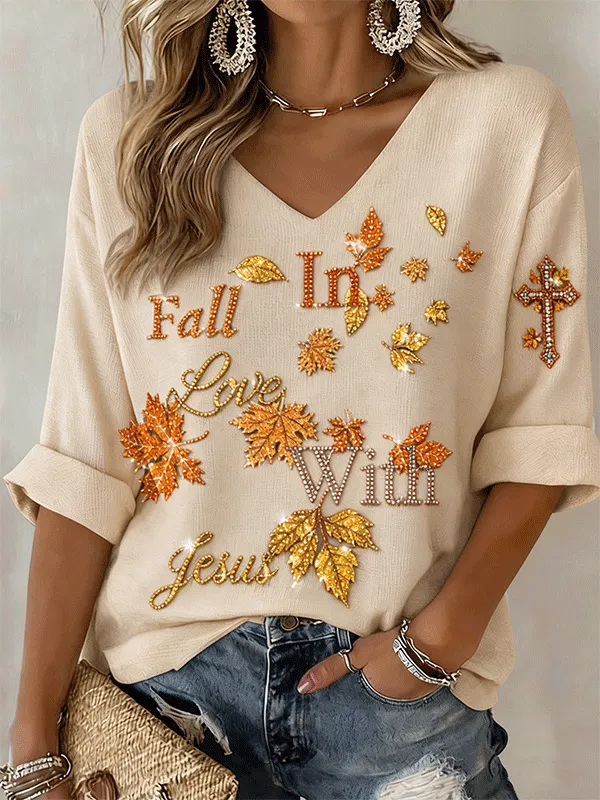 Women's Fall In Love With Jesus Rhinestone Maple Leaf V Neck Top